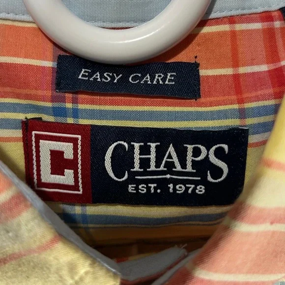 Chaps Mens Easy Care Plaid Short Sleeve Button Down Shirt Yellow Orange Blue M - Picture 4 of 9